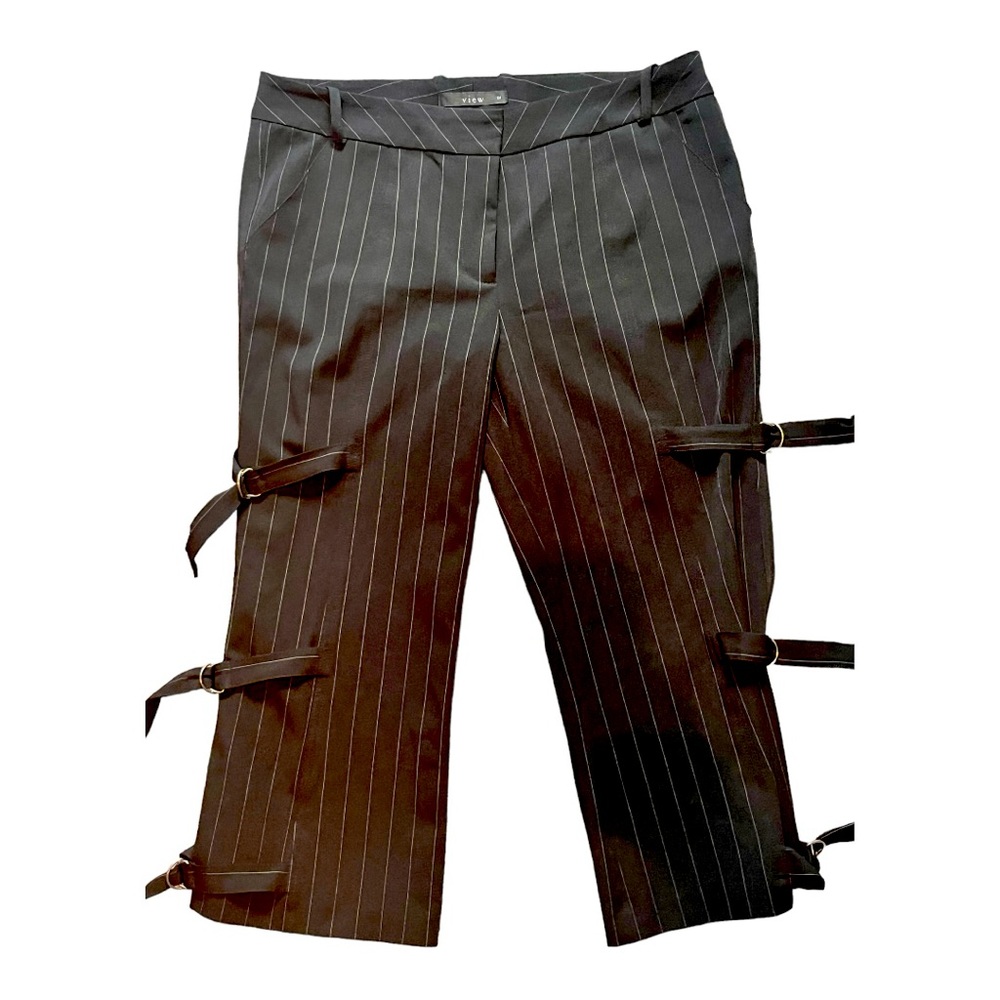 VIEW BLACK STRETCH PINSTRIPE CROP PANTS WITH BUCKLES-SIZE 12